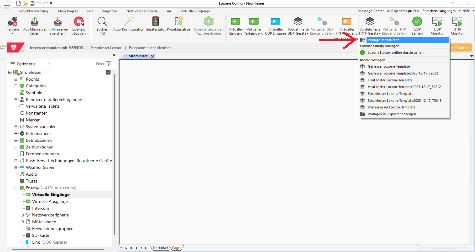 Menü Vorlage importieren