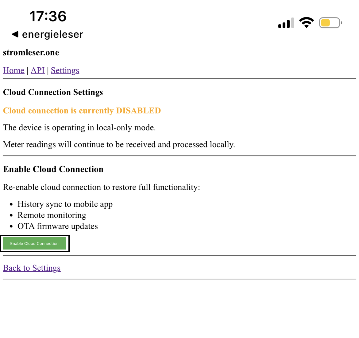 Cloud-Verbindungseinstellungen – Status: DISABLED