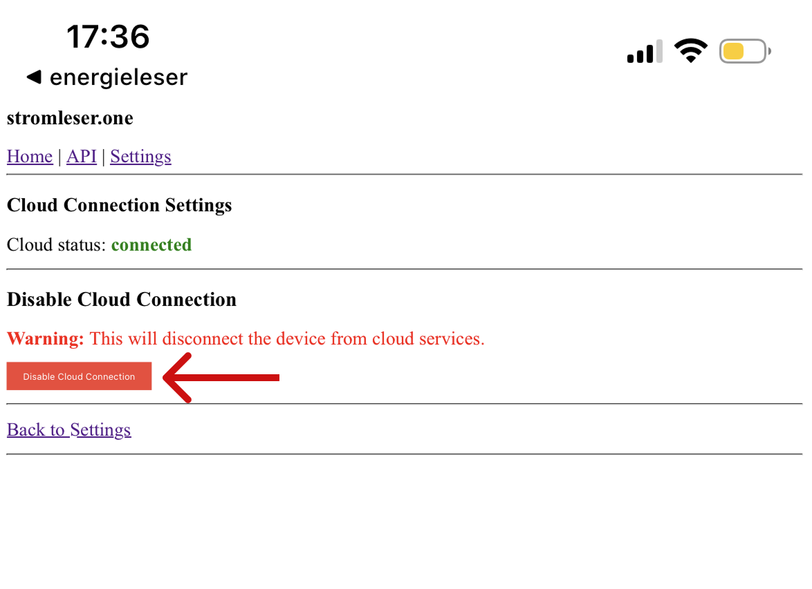 Cloud-Verbindungseinstellungen – Status: connected