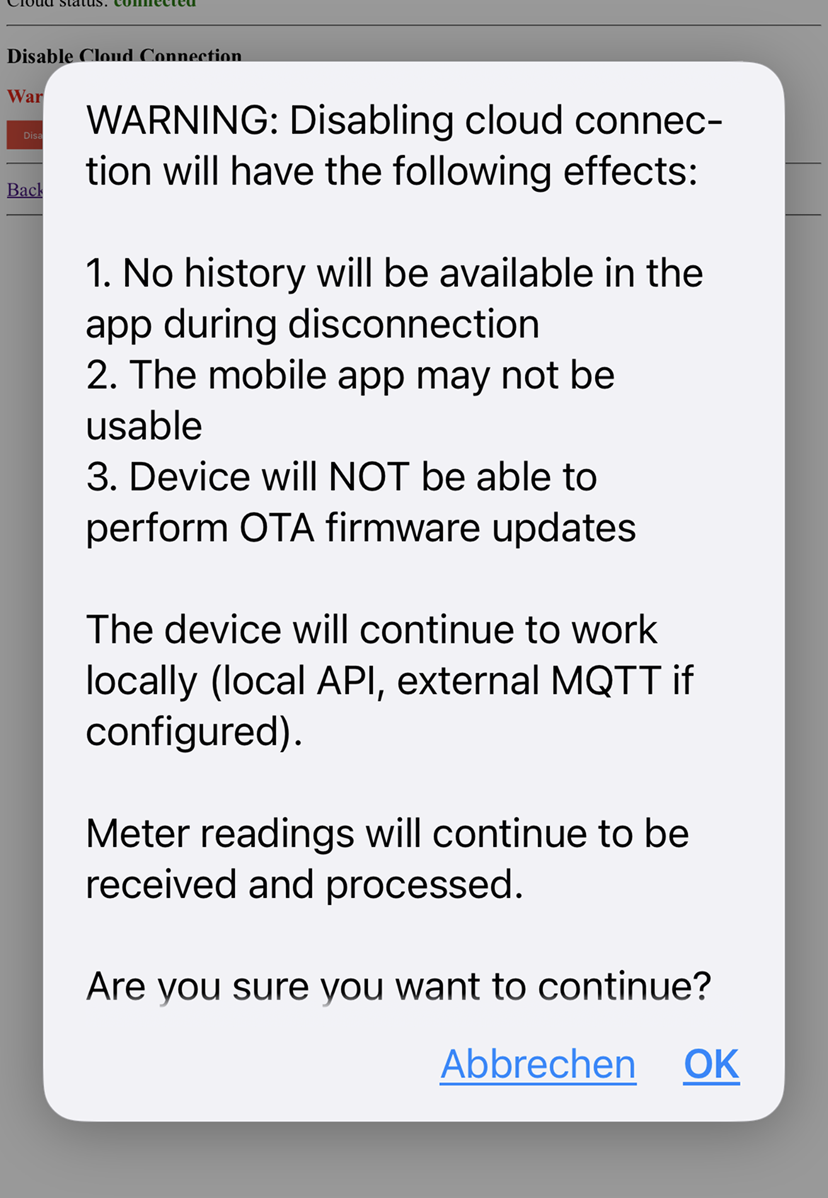 Warning when disabling cloud