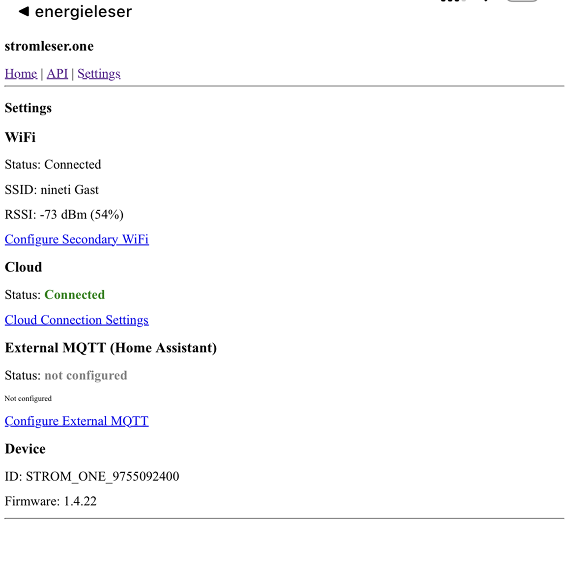 stromleser.one Settings page